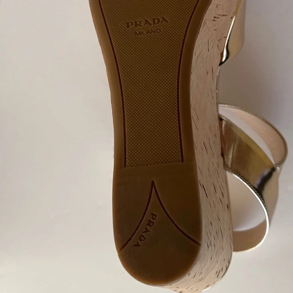 Prada Gold Metallic Cork Wedge Sandals